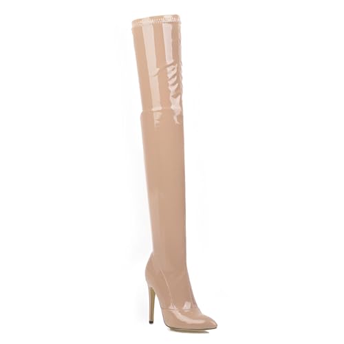 FamMe Oberschenkelhohe Damenstiefel aus Lackleder mit Absätzen, Overknee-Stiefel, seitlicher Reißverschluss, spitze Zehen, modische Winter-Stiletto-Kniehohe Stiefel, Party-Tanzschuhe,Beige,38 von FamMe