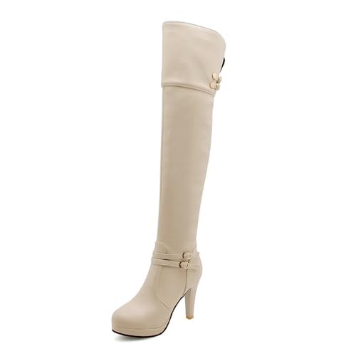 FamMe Overknee-Stiefel für Damen, Winterstiefel, klobige Absätze, oberschenkelhohe Stiefel, Blockabsatz, Stretch-Leder, hoher Absatz, seitlicher Reißverschluss, lange Stiefel,Beige,35 von FamMe