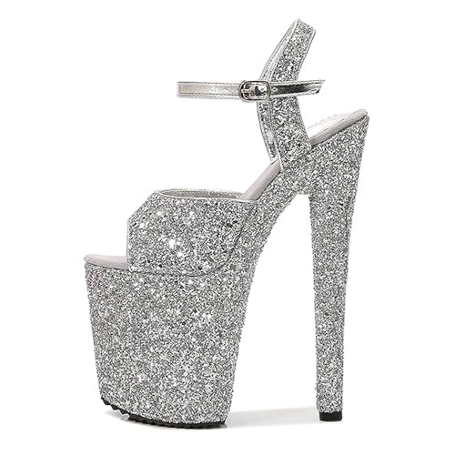 FamMe Super-High-Heels für Damen mit offenem Zehenbereich, Plateau-Knöchelriemen, Pumps mit glitzernden Pailletten, 20 cm/7,8 Zoll, Stiletto-Absätze, Hochzeits-Party-Abendschuhe,Silber,36 von FamMe