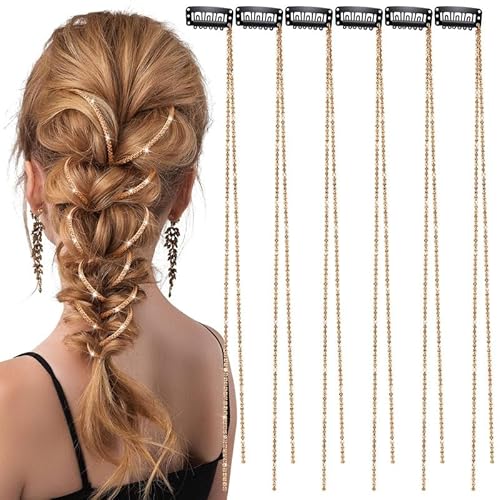 FAMEZA 6 Stück Strass-Haarketten, Strass-Haar-Accessoires, Haarverlängerungen, Perlen-Haarspange, Strass-Haarnadeln, Strasssteine für Zöpfe für Damen (Gold) von FAMEZA