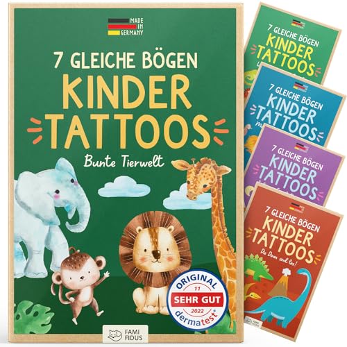 Famifidus +115 hautfreundliche Temporäre Tattoos I 7 gleiche Bögen I Dermatologisch SEHR GUT I Kinder Tattoo MADE IN GERMANY I Tattoo Kinder I Tattoos für Kinder (Bunte Tierwelt) von Famifidus