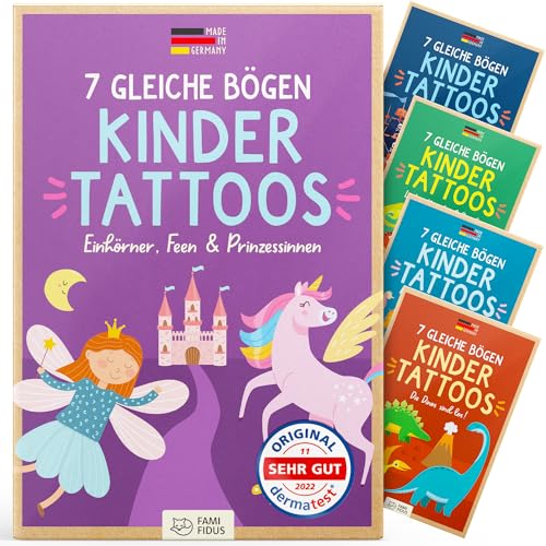 Famifidus +115 hautfreundliche Temporäre Tattoos I 7 gleiche Bögen I Dermatologisch SEHR GUT I Kinder Tattoo MADE IN GERMANY I Tattoo Kinder I Tattoos für Kinder (Einhörner, Feen & Prinzessinnen) von Famifidus