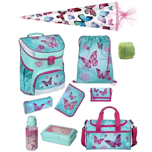 Familando Mädchen Schulranzen 1. Klasse · Scooli Campus Fit Schultasche · ergonomisch & leicht · Kinder Schulranzen Set für Mädchen (10-teilig mit Schultüte, Butterfly Türkis) von Familando