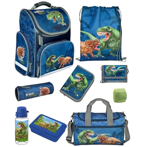 Familando Dinosaurier Schulranzen 1. Klasse · ergonomischer Tornister für Jungen und Mädchen · Dino Schultasche im Set (9-teilig mit Sporttasche) von Familando