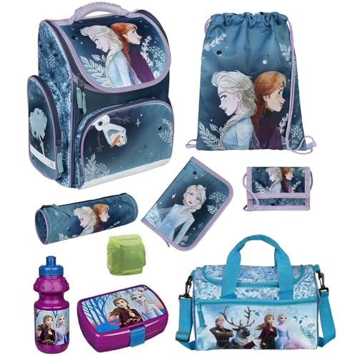 Familando Disney Eiskönigin Schulranzen 1. Klasse · ergonomischer Tornister für Mädchen · Frozen Schultasche im Set (9-teilig mit Sporttasche) von Familando