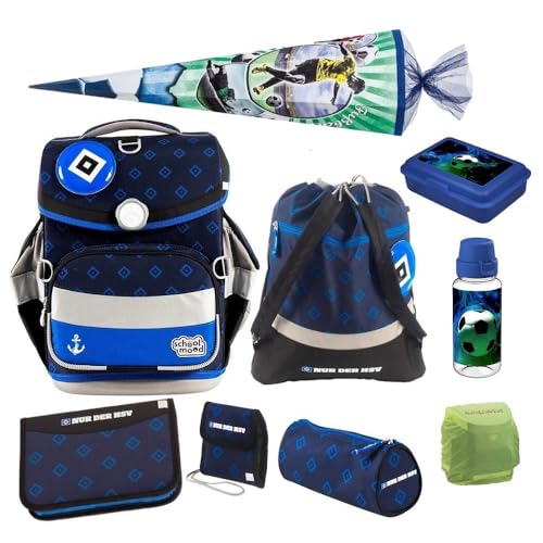 Familando Fußball Schulranzen Set für Jungen 1. Klasse · School Mood Timeless Air+ Fußball-Verein Sonder-Edition · Schultasche im Set mit Federmappe, Turnbeutel und Patch (HSV 10-teilig) von Familando