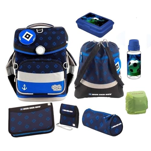 Familando Hamburger SV Schulranzen für Jungen 1. Klasse Fussball Schultasche School Mood im Set 9-teilig Blau mit Federmappe Trinkflasche Dose von Familando