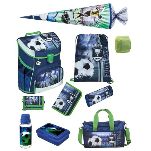 Familando Jungen Schulranzen 1. Klasse · Scooli Campus Fit Schultasche · ergonomisch & leicht · Schulranzen Set für Jungs und Mädchen (10-teiliges Set mit Schultüte, Fußball Blau) von Familando