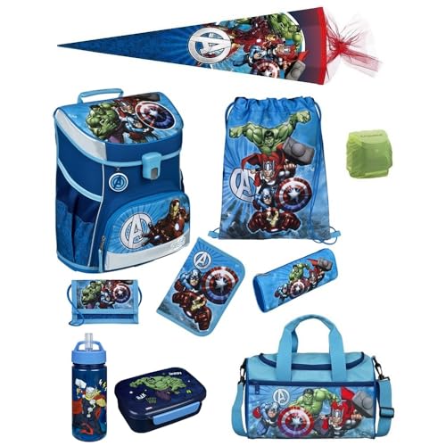 Familando Jungen Schulranzen 1. Klasse · Scooli Campus Fit Schultasche · ergonomisch & leicht · Schulranzen Set für Jungs und Mädchen (10-teiliges Set mit Schultüte, Marvel Avengers Hell-Blau) von Familando