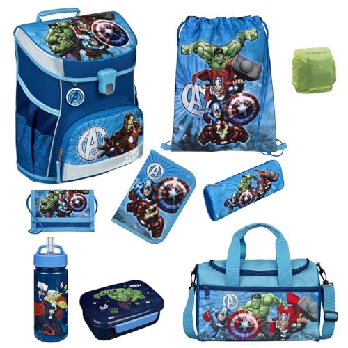 Familando Jungen Schulranzen 1. Klasse · Scooli Campus Fit Schultasche · ergonomisch & leicht · Schulranzen Set für Jungs und Mädchen (9-teiliges Set mit Sporttasche, Marvel Avengers Hell-Blau) von Familando