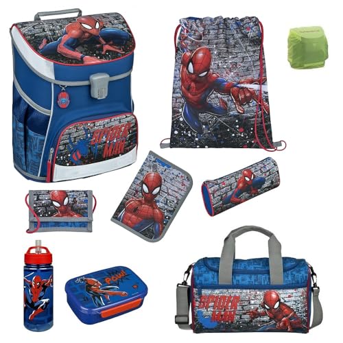 Familando Jungen Schulranzen 1. Klasse · Scooli Campus Fit Schultasche · ergonomisch & leicht · Schulranzen Set für Jungs und Mädchen (9-teiliges Set mit Sporttasche, Spiderman Blau) von Familando