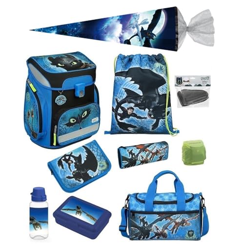 Familando Jungen Schulranzen 1. Klasse · Scooli Easy Fit Schultasche · ergonomisch & leicht · Schulranzenset für Jungs und Mädchen (10-teiliges Set mit Schultüte, Dragons Drachen Blau) von Familando