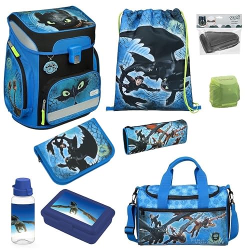 Familando Jungen Schulranzen 1. Klasse · Scooli Easy Fit Schultasche · ergonomisch & leicht · Schulranzenset für Jungs und Mädchen (9-teiliges Set mit Sporttasche, Dragons Drachen Blau) von Familando