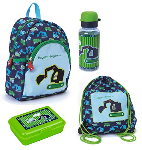 Familando Kindergarten Rucksack Set 4tlg. mit Turnbeutel, Dose und Trinkflasche Bagger von Familando