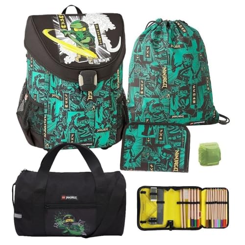 Familando Lego Ninjago Schulranzen Set 5tlg. Easy School Bag Green mit Federmappe gefüllt, Turnbeutel, Regenschutz und großer Sporttasche Lloyd Spinjitzu von Familando