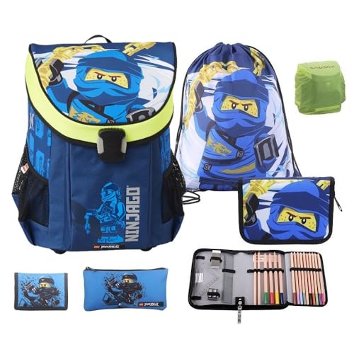 Ninjago Schulranzen Set für Jungen und Mädchen · Lego Easy · 790 Gramm leicht · Schultasche 1. Klasse (6-teiliges Set mit Federmappe, Blau) von Familando