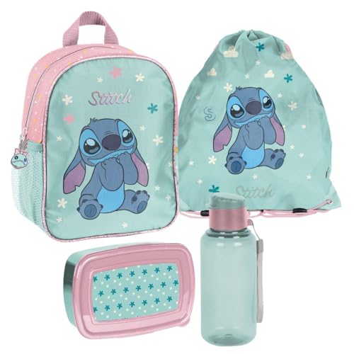 Familando Mädchen Rucksack Set 4tlg. mit Turnbeutel, Brotdose und Trinkflasche für den Kindergarten - Kinder Rucksack mit Motiv (Disney Stitch) von Familando