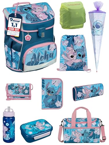 Familando Mädchen Schulranzen 1. Klasse · Scooli Campus Fit Schultasche · ergonomisch & leicht · Kinder Schulranzen Set für Mädchen (10-teilig mit Schultüte, Disney Stitch) von Familando