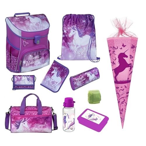 Familando Mädchen Schulranzen 1. Klasse · Scooli Campus Fit Schultasche · ergonomisch & leicht · Kinder Schulranzen Set für Mädchen (10-teilig mit Schultüte, Magic Unicorn Lila) von Familando