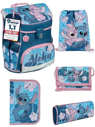 Familando Mädchen Schulranzen 1. Klasse · Scooli Campus Fit Schultasche · ergonomisch & leicht · Kinder Schulranzen Set für Mädchen (5-teilig mit Federmappe, Disney Stitch) von Familando