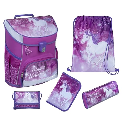 Familando Mädchen Schulranzen 1. Klasse · Scooli Campus Fit Schultasche · ergonomisch & leicht · Kinder Schulranzen Set für Mädchen (5-teilig mit Federmappe, Magic Unicorn Lila) von Familando