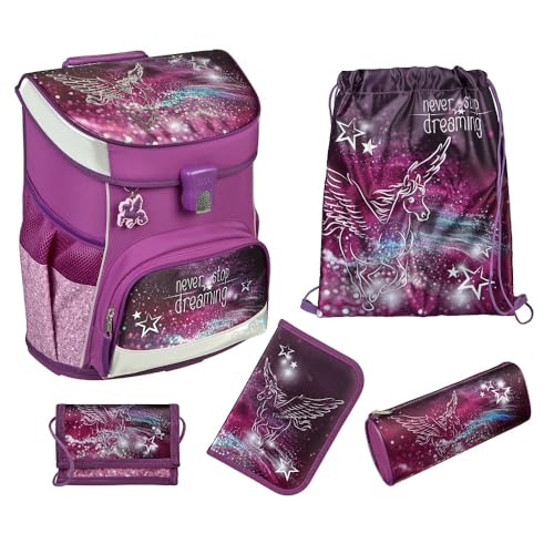 Familando Mädchen Schulranzen 1. Klasse · Scooli Campus Fit Schultasche · ergonomisch & leicht · Kinder Schulranzen Set für Mädchen (5-teilig mit Federmappe, Pegasus Violett) von Familando
