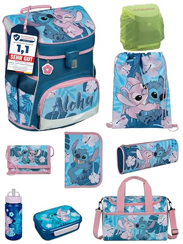 Familando Mädchen Schulranzen 1. Klasse · Scooli Campus Fit Schultasche · ergonomisch & leicht · Kinder Schulranzen Set für Mädchen (9-teilig mit Sporttasche, Disney Stitch) von Familando
