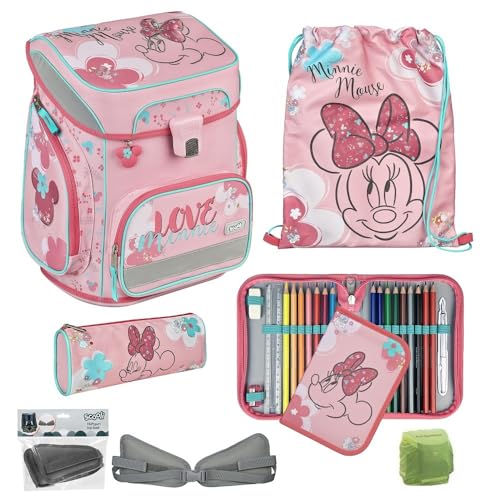 Familando Mädchen Schulranzen 1. Klasse · Scooli Easy FIT · ergonomischer Tornister · Schulranzen-Set für Mädchen (6-teilig mit Federmappe, Disney Minnie Maus/Rosa) von Familando