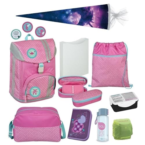 Familando Mädchen Schulranzen 1. Klasse · Scooli Flex MAX ergonomischer Schulrucksack · sehr leicht & wächst mit · Rosa Türkis mit Kletties (10-teiliges Set mit Schultüte 85cm) von Familando