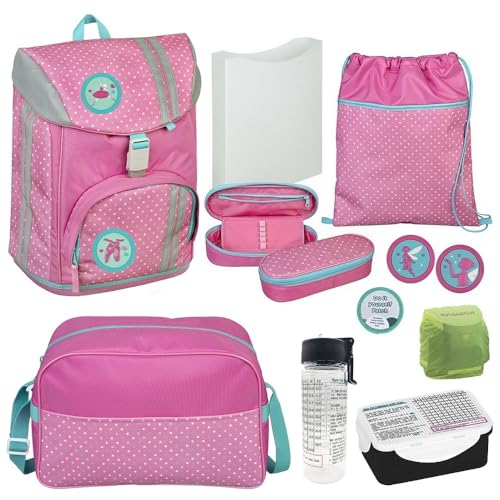 Familando Mädchen Schulranzen 1. Klasse · Scooli FLEX MAX ergonomischer Schulrucksack · sehr leicht & wächst mit · Rosa Türkis mit Kletties (8-teiliges Set mit Sporttasche) von Familando