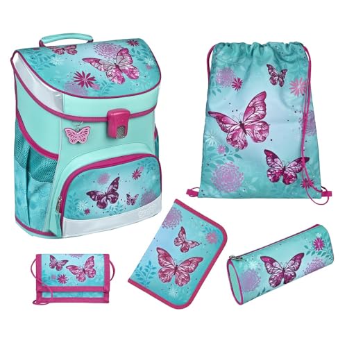 Familando Mädchen Schulranzen 1. Klasse · Scooli Campus Fit Schultasche (5-teiliges Set mit Federmappe, Butterfly Schmetterlinge Türkis) von Familando