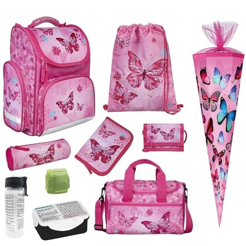 Familando Schmetterling Schulranzen Set für Mädchen 10 TLG · Ranzen 1. Klasse · Schultasche mit Sporttasche Schultüte 85 und Regenschutz · Rosa Butterfly von Familando