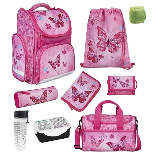 Familando Mädchen Schulranzen-Set 9 TLG. Schmetterling Ranzen 1. Klasse · Schultasche für Mädchen mit Sporttasche und Regenschutz · Butterfly Pink von Familando