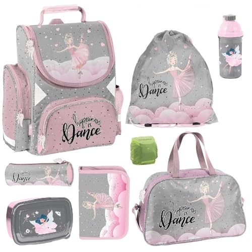 Familando Mädchen Schulranzen-Set Ballerina, 8-teilig, ergonomischer Tornister mit Reflektoren, ab der 1. Klasse mit Federmappe und Sporttasche (Ballerina) von Familando