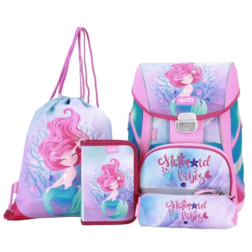 Familando Mädchen Schulranzen-Set Meerjungfrau, 5-teilig, ergonomischer Tornister mit Reflektoren, Rosa Meermaid Schultasche 1. bis 4. Klasse mit Federmappe von Familando