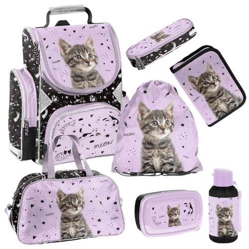 Familando Mädchen Schulranzen-Set Sweet Kitty, 8-teilig, ergonomischer Tornister mit Reflektoren, ab der 1. Klasse mit Federmappe und Sporttasche (Kitty - Katze) von Familando