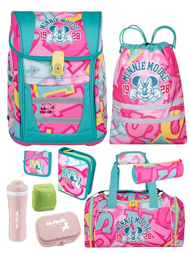 Familando Minnie Mouse Schulranzen Set für Mädchen 1. Klasse - mit passender Sporttasche, Dose und Flasche - Ergonomisch, Leicht, Geräumig - 980 Gramm, 18 L Volumen - McNeill Teneris Schultasche von Familando