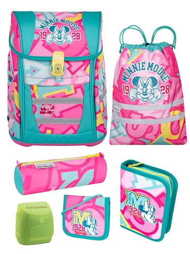 Familando Minnie Mouse Schulranzen Set für Mädchen 1. Klasse - mit gefüllter Federmappe und Turnbeutel - Ergonomisch, Leicht, Geräumig - 980 Gramm, 18 L Volumen - McNeill Teneris Schultasche von Familando