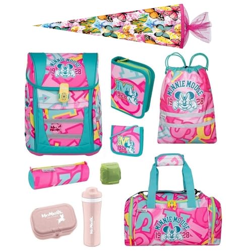 Familando McNeill Schulranzen 1. Klasse · Disney Sonder-Edition · ergonomisch & leicht · Schultaschen-Set für Jungs und Mädchen (10-teiliges Set mit Schultüte, Minnie Maus Pink Türkis) von Familando