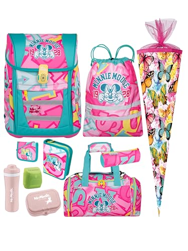 Familando Minnie Mouse Schulranzen Set für Mädchen 1. Klasse - mit Schultüte 85 cm, Sporttasche, Dose, Flasche - Ergonomisch, Leicht, Geräumig - 980 Gramm, 18 L Volumen - McNeill Teneris Schultasche von Familando
