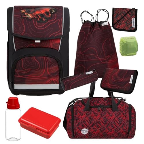 Familando McNeill Schulranzen 1. Klasse ergonomischer Tornister BASIC DRAGON Drache für Mädchen und Jungen Schultaschen-Set (9-teilig mit Sporttasche) von Familando