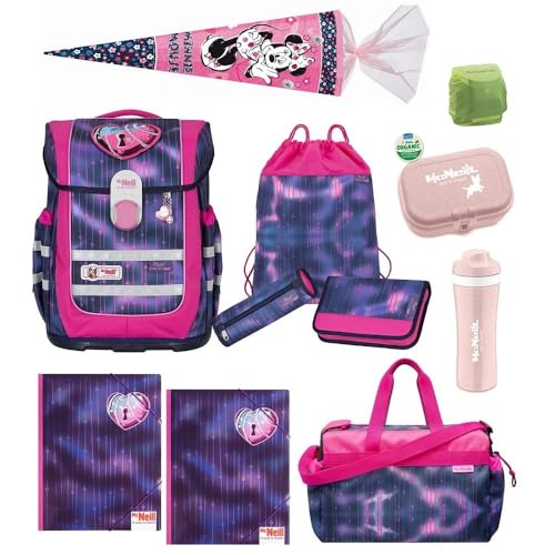 Familando McNeill Schulranzen Mädchen 1. Klasse 12-TLG. Set Ergo Complete Herz-Motiv mit Sporttasche Minnie Maus Schultüte 85cm und Regenschutz | Komplett-Set für die Einschulung von Familando