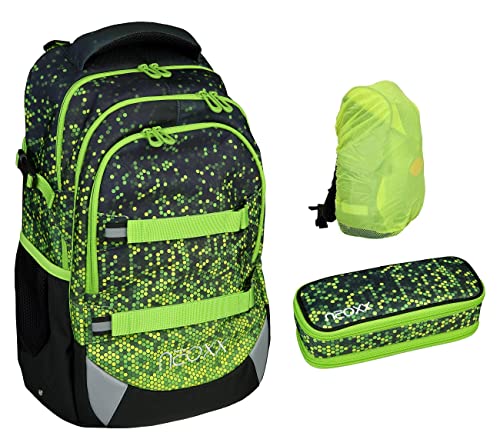 Familando Neoxx Active Schulrucksack 3tlg. Set · Rucksack für die Schule 5. bis 12. Klasse · ergonomischer Schulranzen für Jungen und Mädchen (Pixel/Grün) von Familando