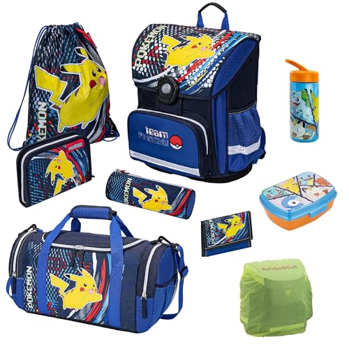 Familando Pokemon Schulranzen für die 1. Klasse · Schultasche mit Pikachu für Jungen und Mädchen · Kompakt und Leicht im Set mit großer Sporttasche (9-teiliges Set) von Familando