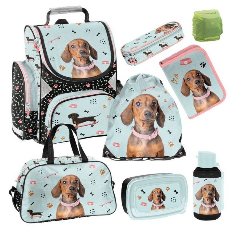 Familando Schulranzen Hunde Schulranzen für Mädchen 1.-3. Klasse - 1 kG, 15 L Volumen (Set, 8-tlg., inkl. Federmappe, Lunch-Set und Sporttasche), Reflektoren auf allen Seiten, verzierter Reißverschluss von Familando