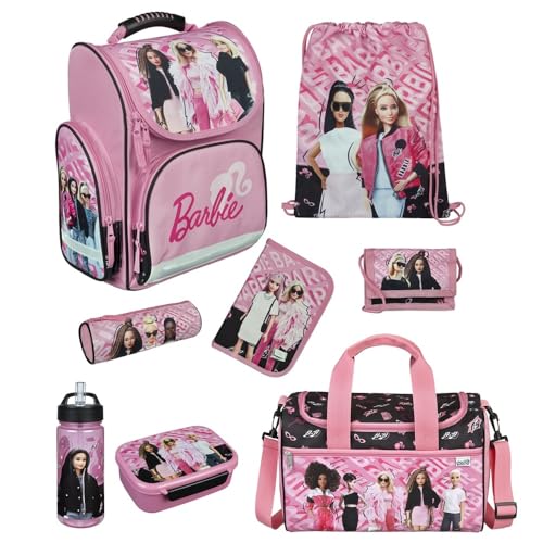 Familando Schulranzen 1. Klasse · ergonomischer Tornister · Schultasche für Jungen und Mädchen (9-teiliges Set mit Sporttasche, Barbie) von Familando