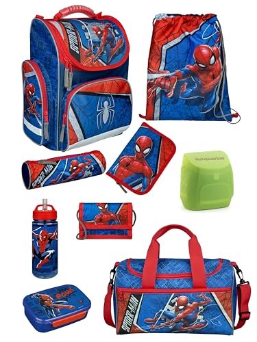 Familando Schulranzen 1. Klasse · ergonomischer Tornister · Schultasche für Jungen und Mädchen (9-teiliges Set mit Sporttasche, Marvel Spiderman) von Familando