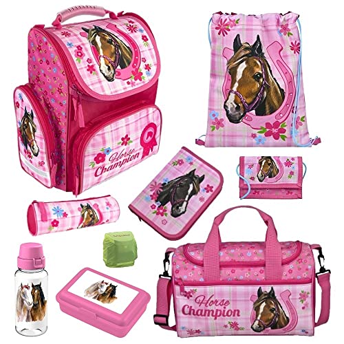 Familando Schulranzen 1. Klasse · ergonomischer Tornister · Schultasche für Jungen und Mädchen (9-teiliges Set mit Sporttasche, Pferde Pink) von Familando