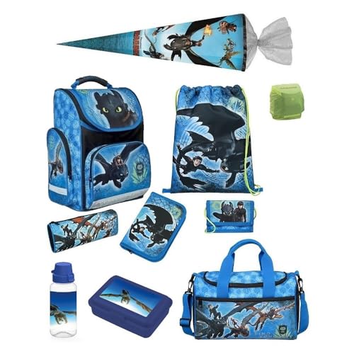 Familando Schulranzen 1. Klasse für Jungen und Mädchen · Dragons Schultasche Drachen · ergonomisch & leicht · Set (10-teilig mit Schultüte 85cm) von Familando