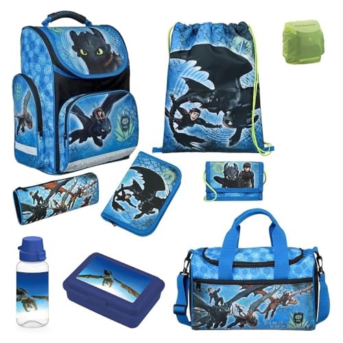 Familando Schulranzen 1. Klasse · ergonomischer Tornister · Schultasche für Jungen und Mädchen (9-teiliges Set mit Sporttasche, Dragons - Drachenzähmen Drache) von Familando